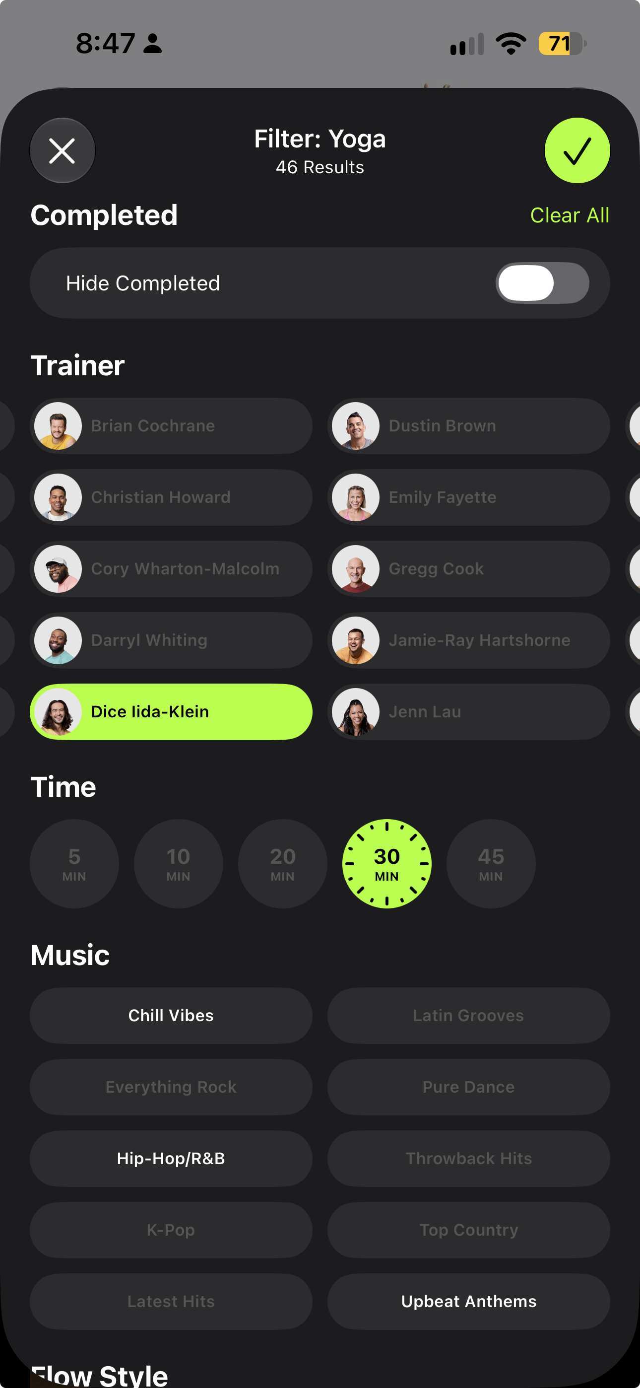 Fitness+’s filtering UI